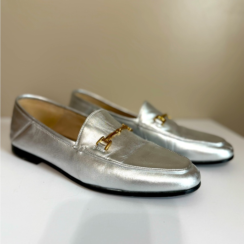 Sam Edelman Silver Metallic Leather Loafers with Gold Bit